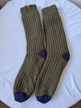 Brookstone Ribbed Non-Slip Grip Cushioned Crew Socks Olive Navy Mid Calf 1 Pair